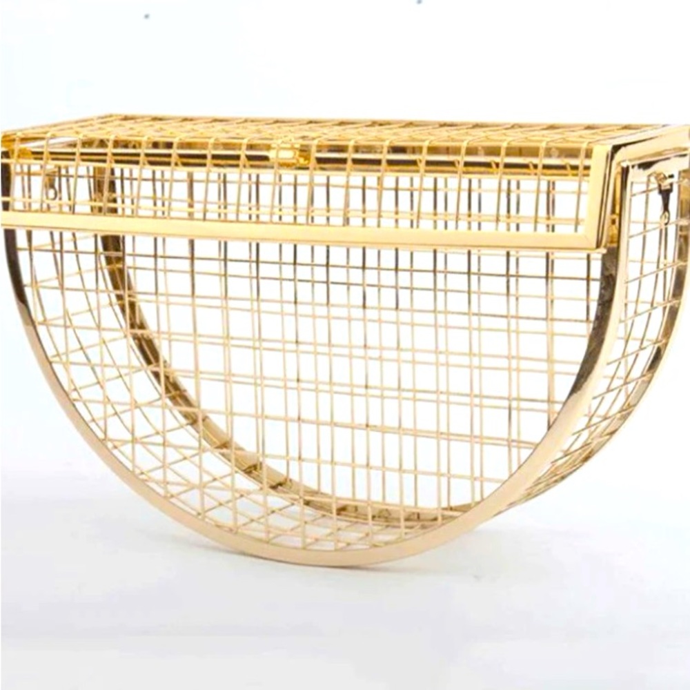 Gold metal hollow cage purse with gold metal strap